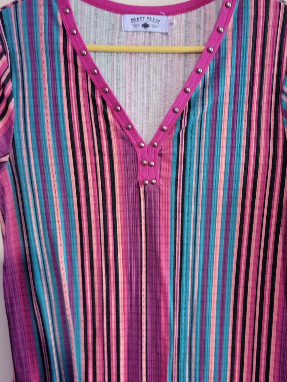 Crazy Train Pink Trim Striped Knit Top - Picture 3 of 9